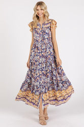Mittoshop Floral Ruffled Notched Cap Sleeve Maxi Dress OutfitFlow